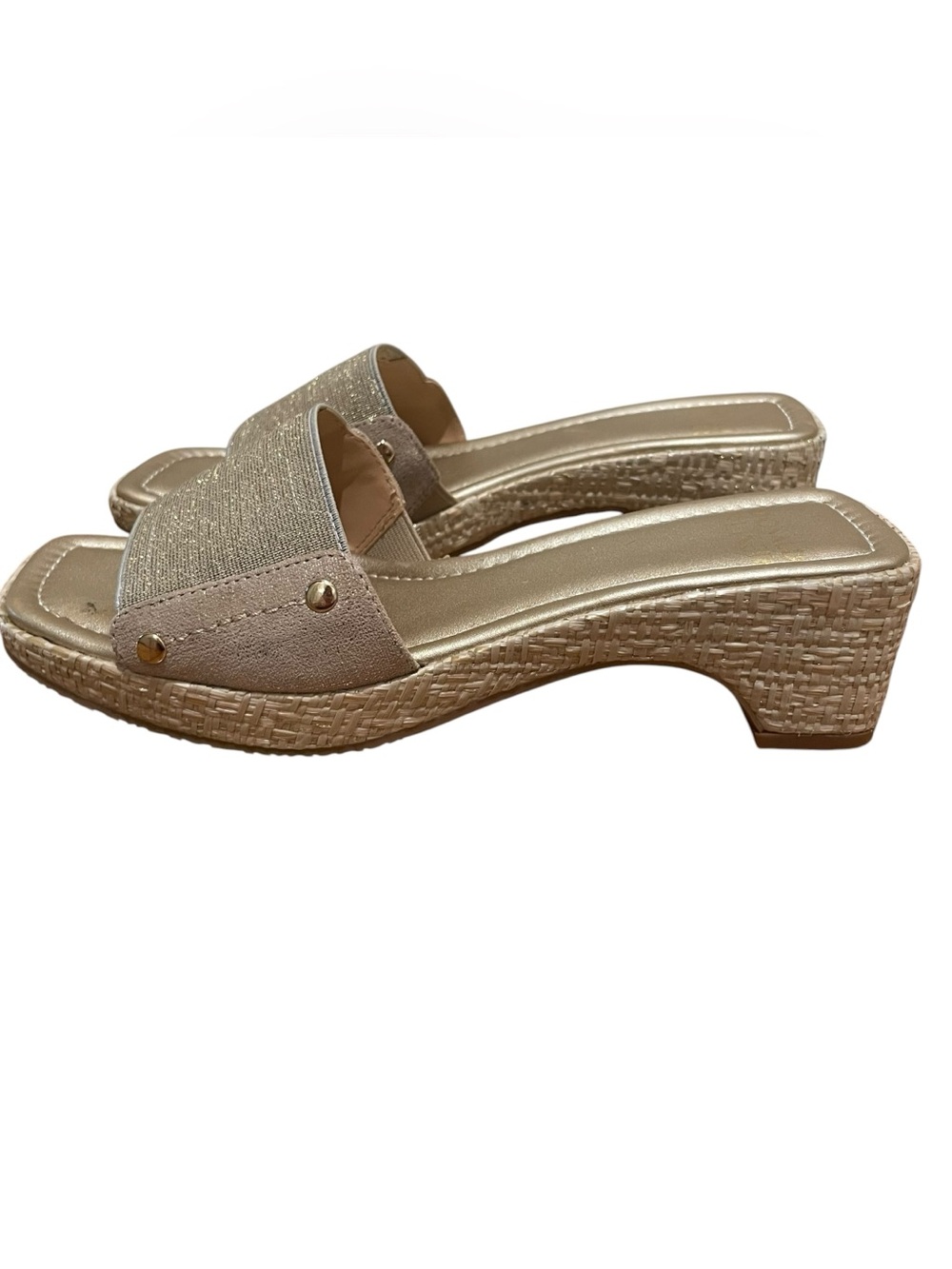 Donald Pliner Rodeo Metallic Gold Woven Slide Sandals Womens Size 7 Block Heel